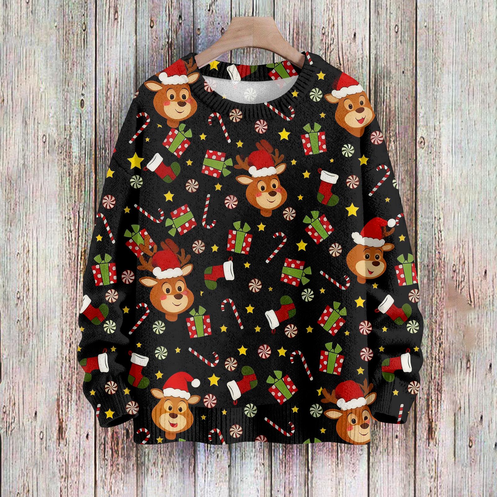 Women s Fashion Casual Long-sleeved Cute Printed Round-neck Sweater Knitted Top L