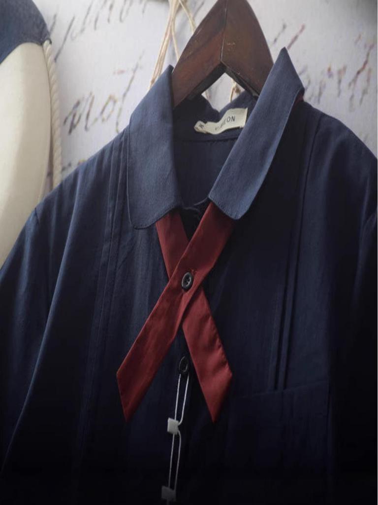 Women's Summer Loose Fit Bellows-Pleated Short-Sleeve Shirt with Bow Tie - Japanese School Style