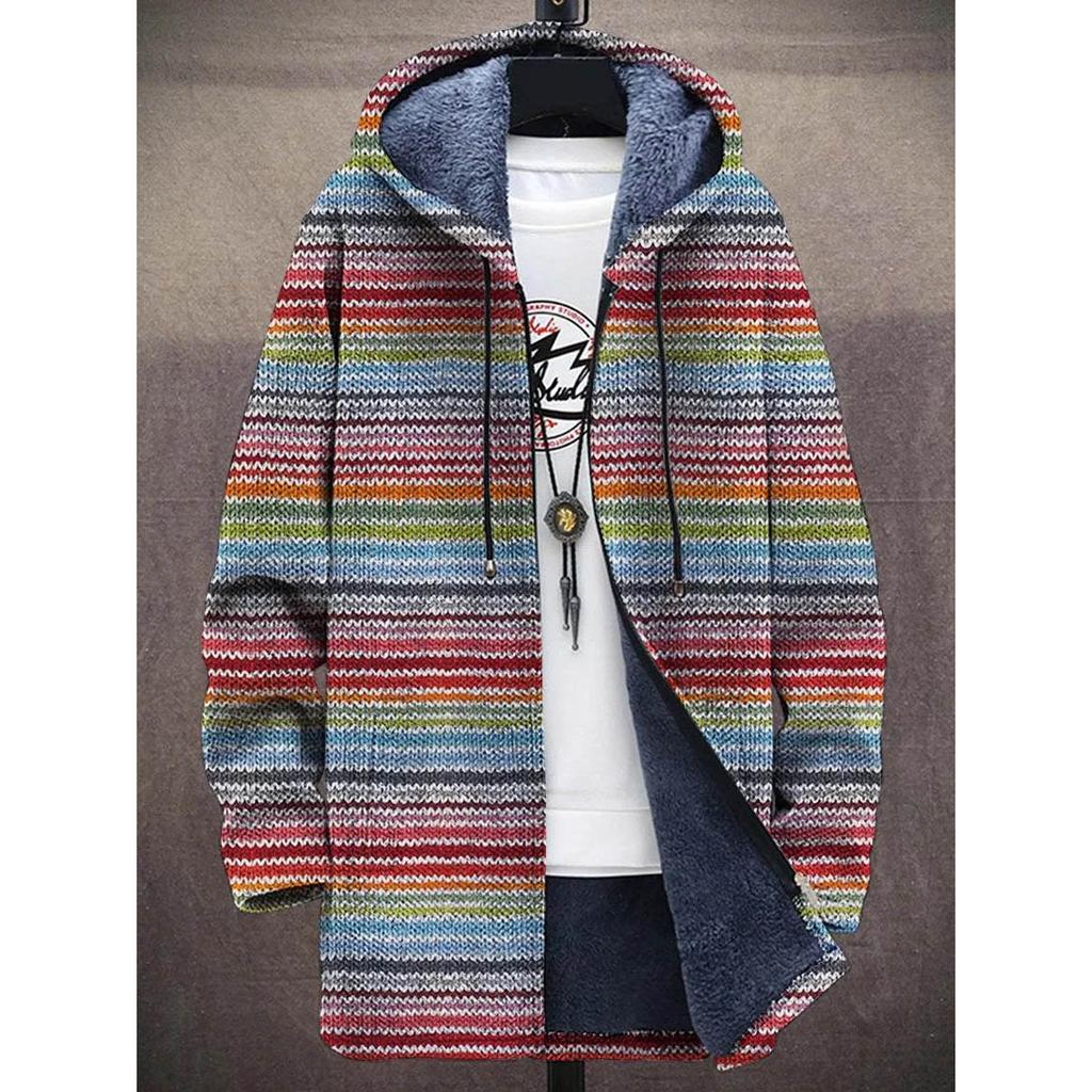 Men Cardigans Coats Geometric Stripe Square Printed Plush Thick Winter Abstract Art Graphics Jackets Casual Streetwear Clothing