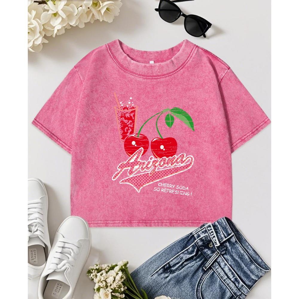 Cherry Iced Drinks Print Women Washed T-Shirts Y2K Cotton Crewneck Tops Fashion Slim T Shirt  Female Sportswear