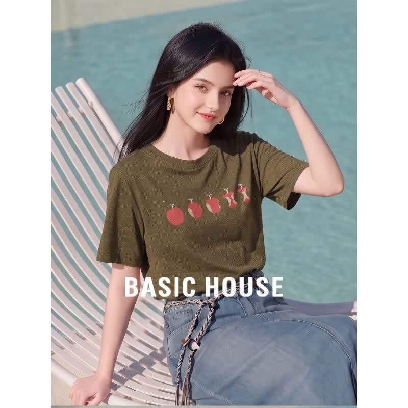 Basic House Women s Printed Linen Blend Round Neck T-Shirt S