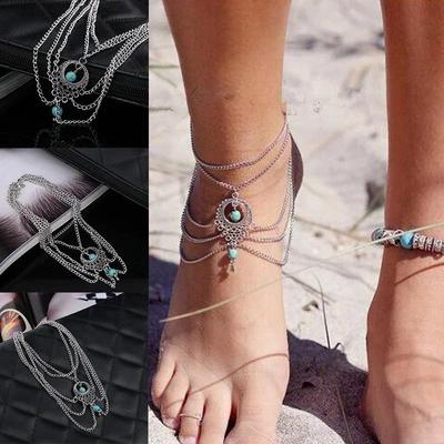 Seaside Beach Ankle Anklelaces Vintage Hollowed Out Turquoise Water Drop Ankle Chains Bohemian Tassel Ankle Chains Geometric