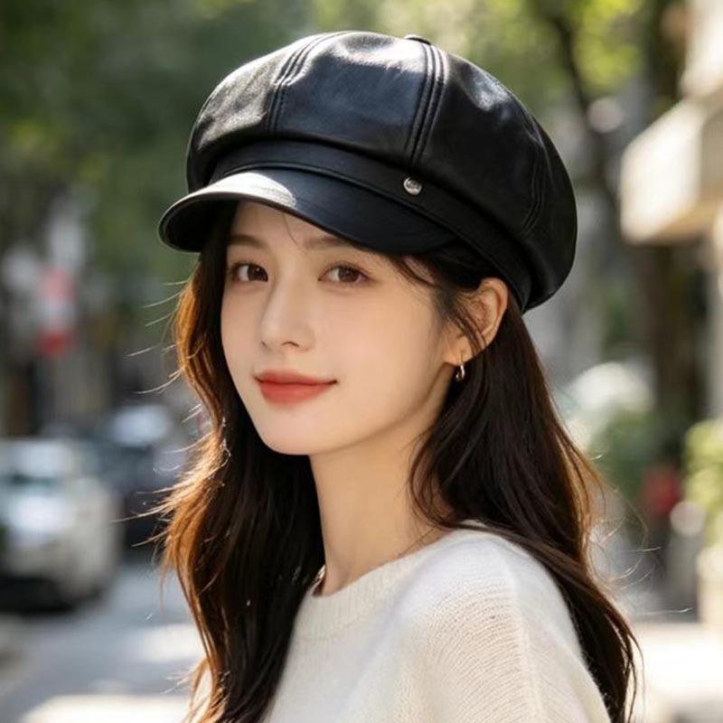 Retro leather octagonal hat female autumn and winter British newsboy hat showing face small painter hat versatile PU leather beret