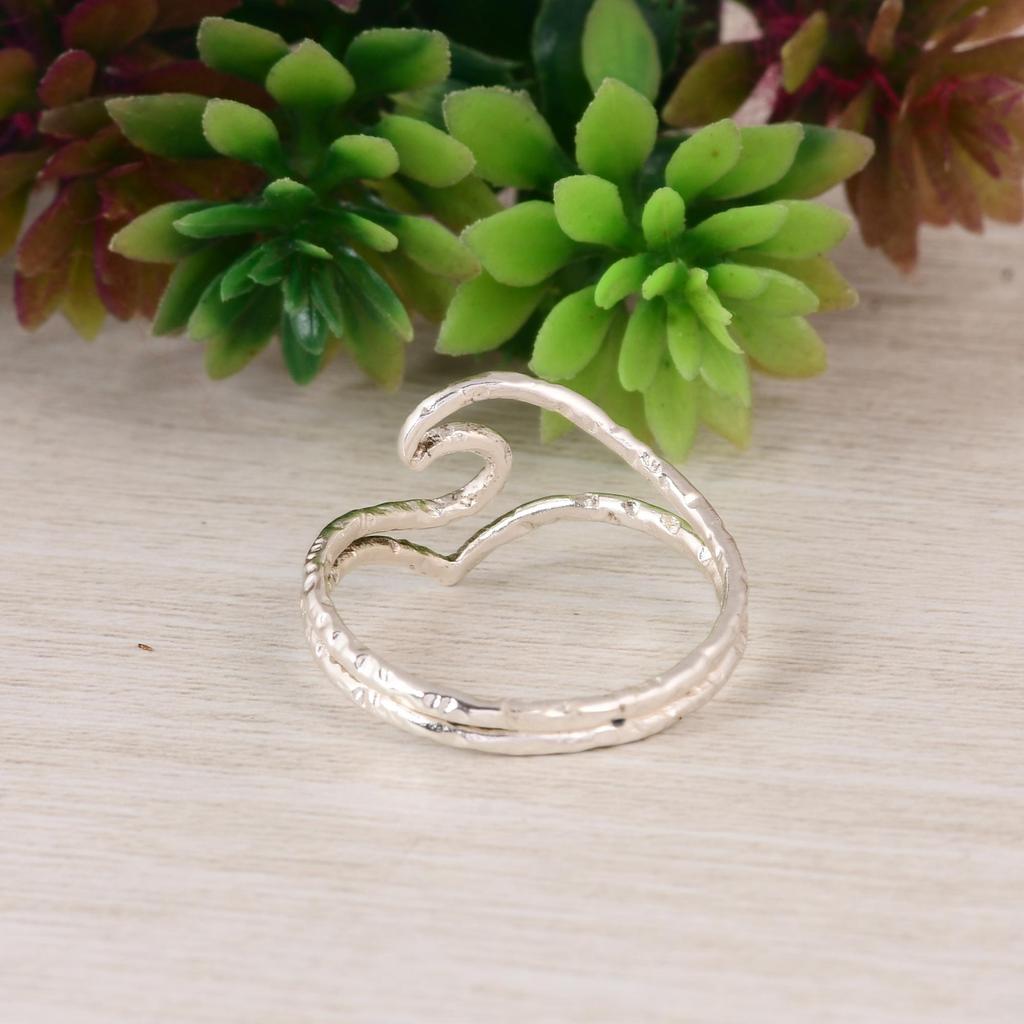 Wave Swirl Sterling Silver Open Ring, 925 Silver Minimalist Adjustable Ring, Handmade Ocean Inspired Statement Ring Gift for Her