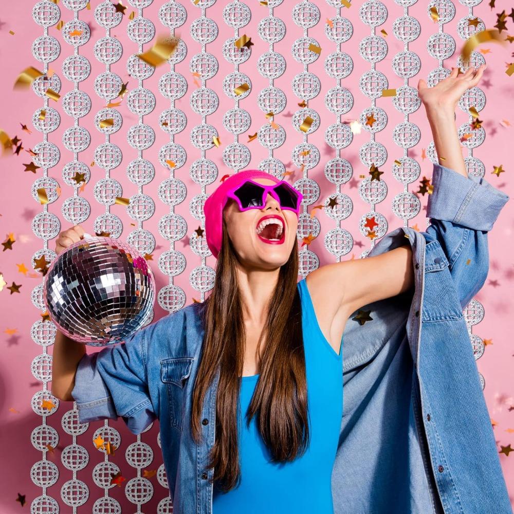 2pcs Disco Party Decorations Disco Ball Photo Booth Props Silver Foil Fringe Curtains Photo Backdrop for The 70s 80s Theme Last Disco Bachelorette
