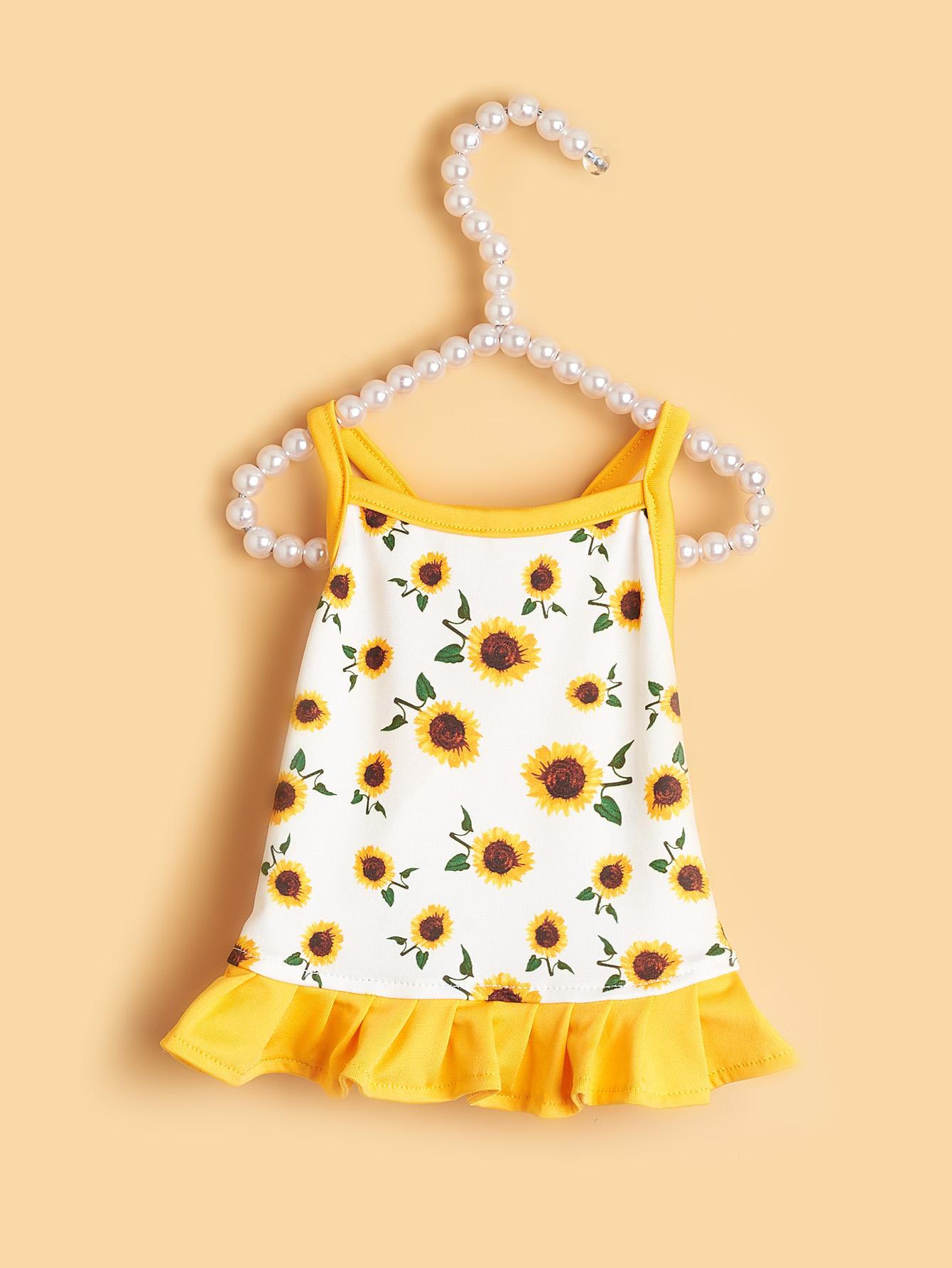 

Dog Dress Sunflower Printed Girl Dog Sleeveless Ruffle Clothes Pet Apparel Doggie Cat Clothing Puppy Dresses Doggy Costume XS（old） белый