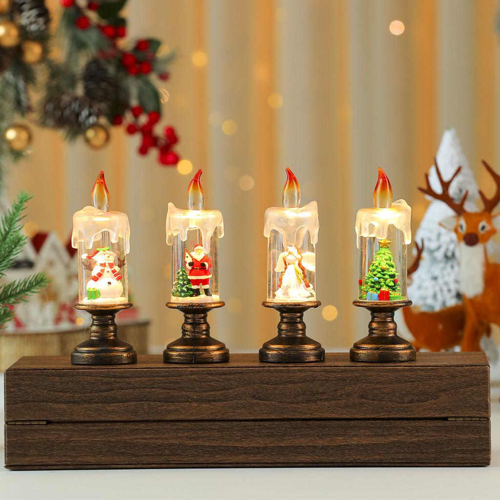 Christmas Snowman Santa Claus Snowflake Candle Light With Falling Snow Effect