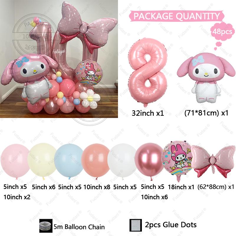 48pcs Cartoon Cute My Melody Bow Theme Foil Balloon 32 Inch Pink Number Set Children's 1-9th Birthday Party Decorative Toys