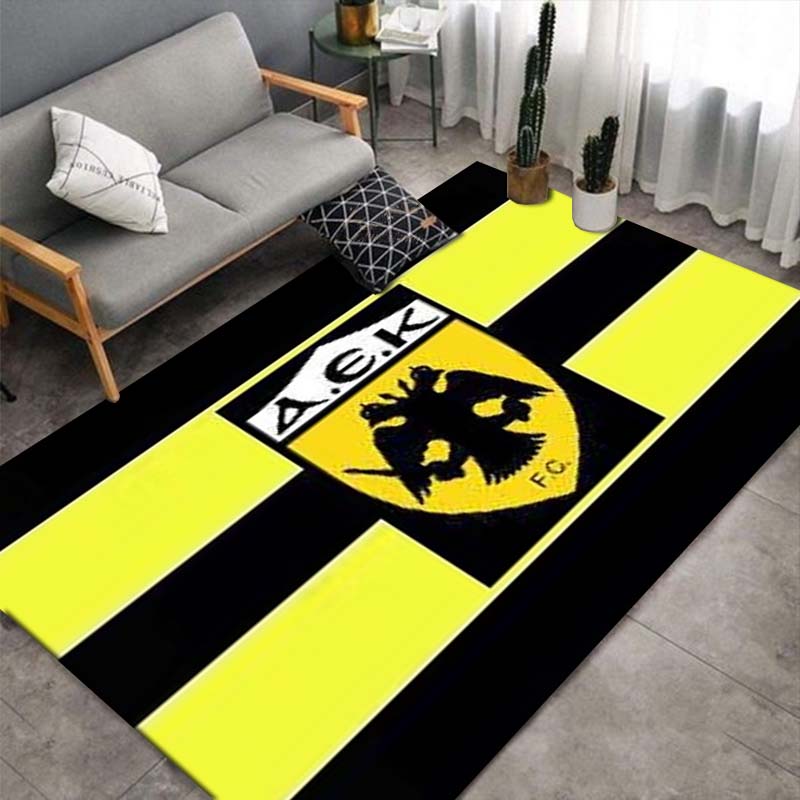 AEK Black Yellow Wide Stripe Area Rug, Non Slip Floor Mat, Shield Double Eagle Logo Print Carpet for Living Room Bedroom