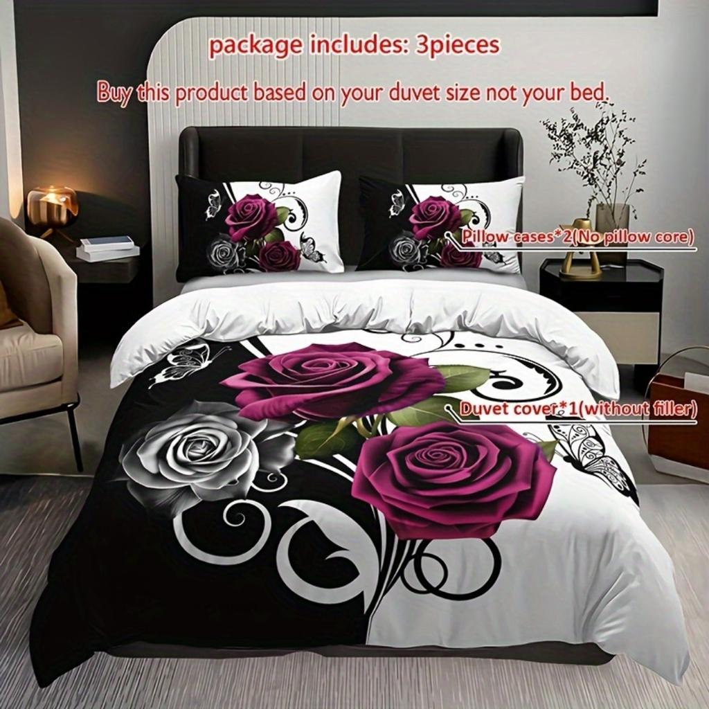 3pcs White Red Romantic Roses Bedding Set Soft Duvet Cover Set King Queen Twin Single Size Bithday Gift for Sister Room Decor