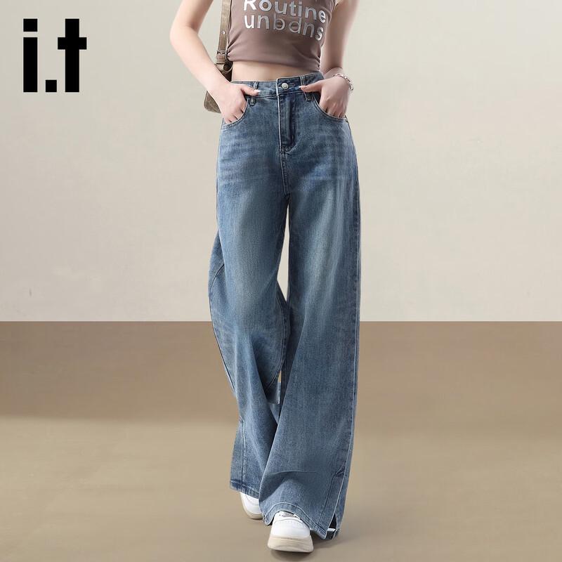 Izzue It Women's High-Waist Split Hem Vintage Wash Wide-Leg Jeans