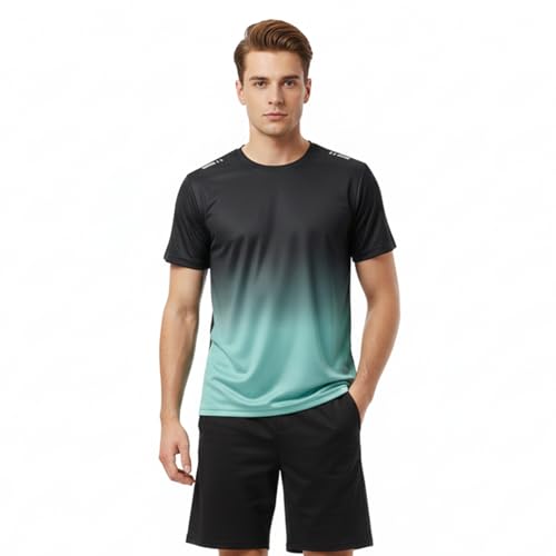 Men's Gradient Athletic T-Shirt, Short Sleeve Stretch Crew Neck Sports Top for Running Gym and Training