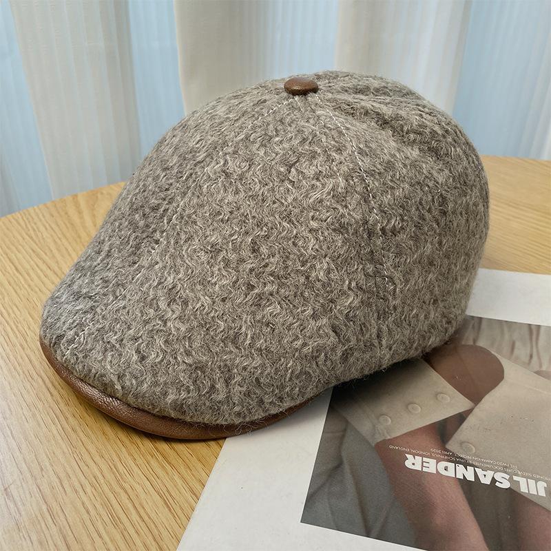 Woolen forward hat women's autumn and winter solid color retro versatile duck tongue newsboy hat warm face small painter hat