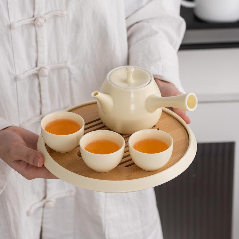 Light Luxury Xiaoya Yunji Set Cream Yellow Beam Pot Brewing Teapot Teacup Dry Brewing Plate Complete Set Household Warm Brewing Tea Stove