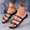 Round Toe Open-toe Metal Buckle Flip-flops Women's Summer New Soft-soled Non-slip Flats