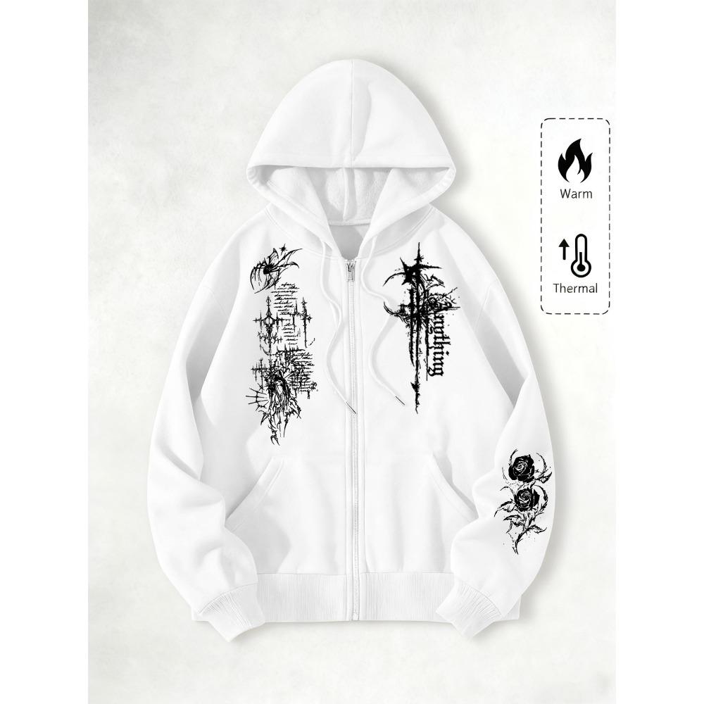 College Thorns & Roses Originele Print Rits Hoodie, Mode Street Trend Rits Hoodie voor Casual Gelegenheden