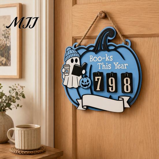Fun Halloween Gift Ghost Pumpkin Reading Tracker Wooden Hanging Sign, Sliding Number Counter for Book Read This Year, Decoration Spooky Decor