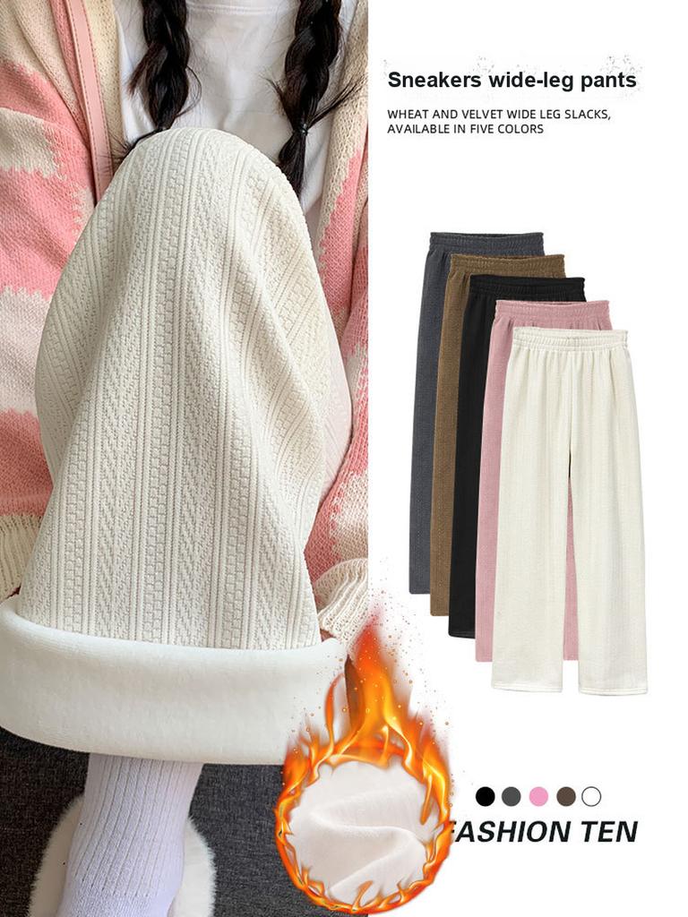 Wide Leg Fleece Knit Pants for Women Winter Autumn High Waist Slimming Casual Thick Fleece White Pants