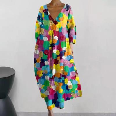 Women Summer Long Sleeves Round Neck Oil Painting Bright Color Deep V Neck Loose Commute Vacation
