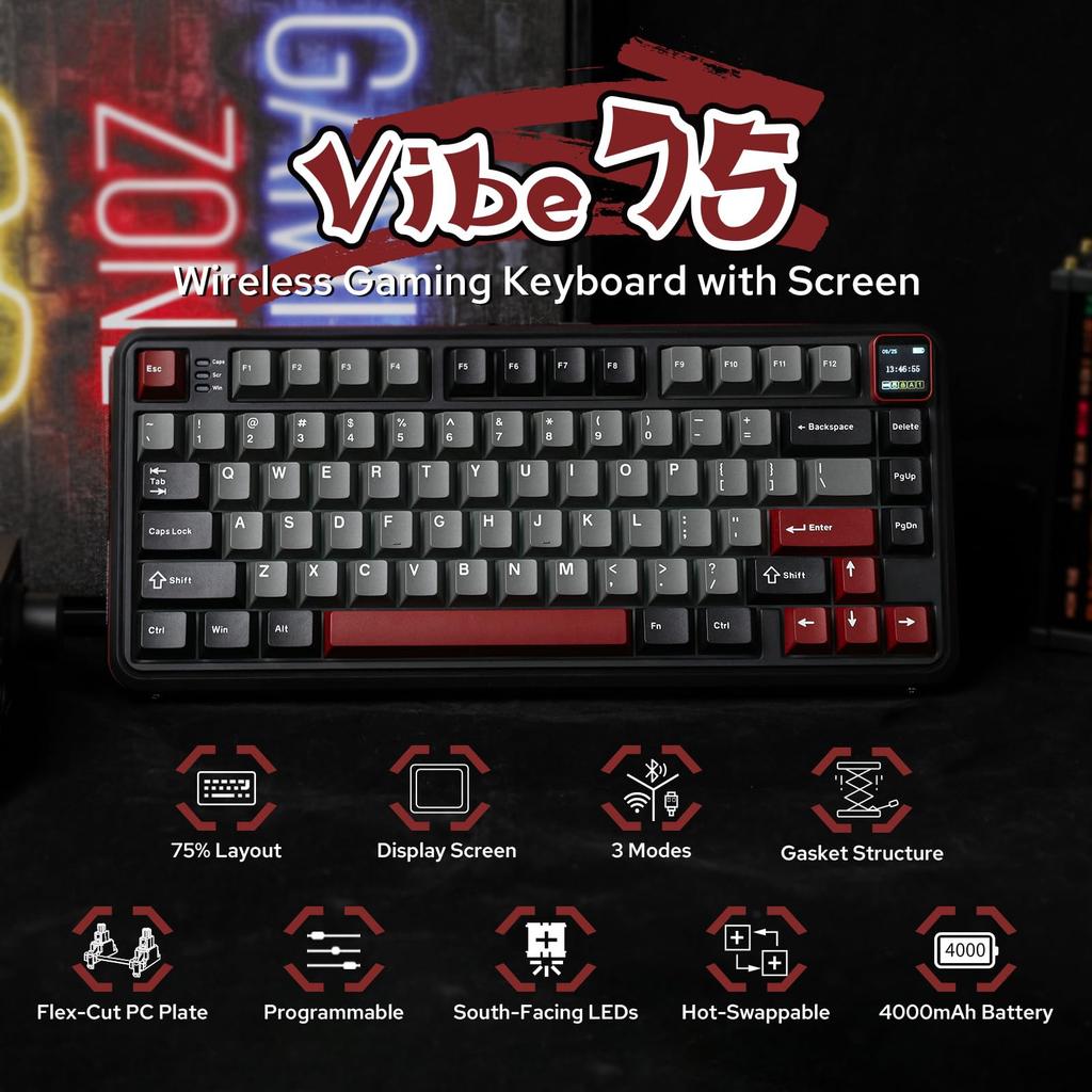 MechLands Vibe75 Wireless Gaming Keyboard with Replaceable Screen Creamy Mechanical Gasket RGB 75% Module, Hot-Swap Support, Keyboard, Structure,