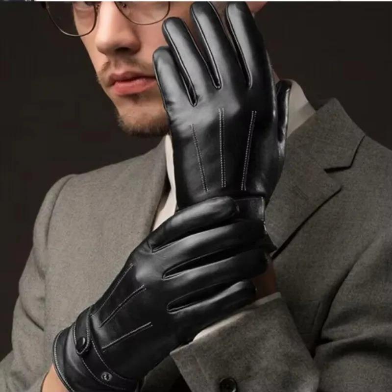 Mens Winter Gloves PU Leather Button Warm Convertible Mittens Outdoor Sports Driving Skiing Windproof Black Cold Weather Gear