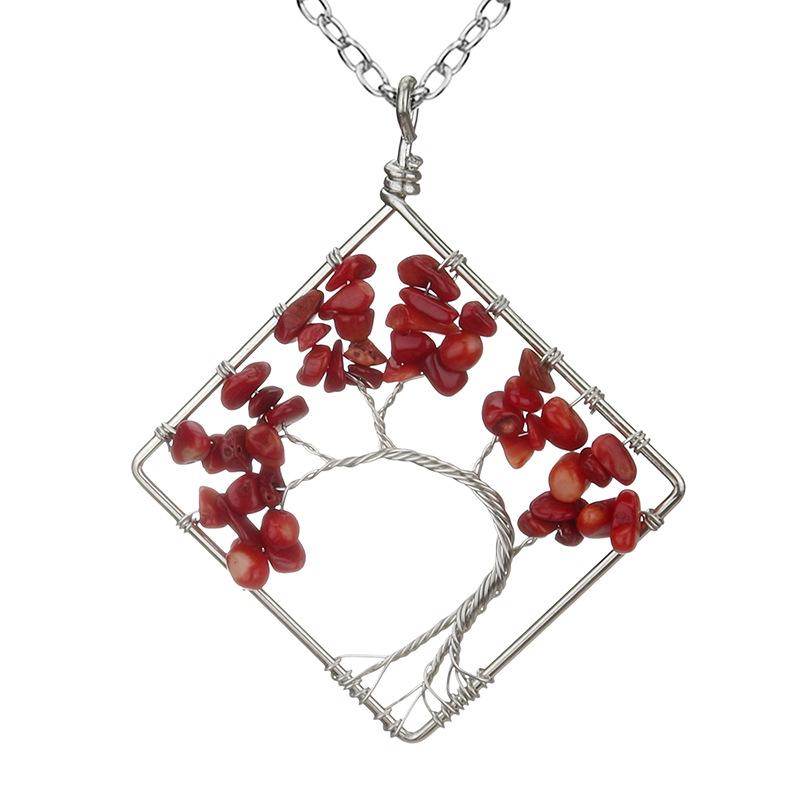 Wrapped Colorful Natural Stone Crystal Square Curved Tree Of Life Pendant Necklace N08 Fresh And Sweet