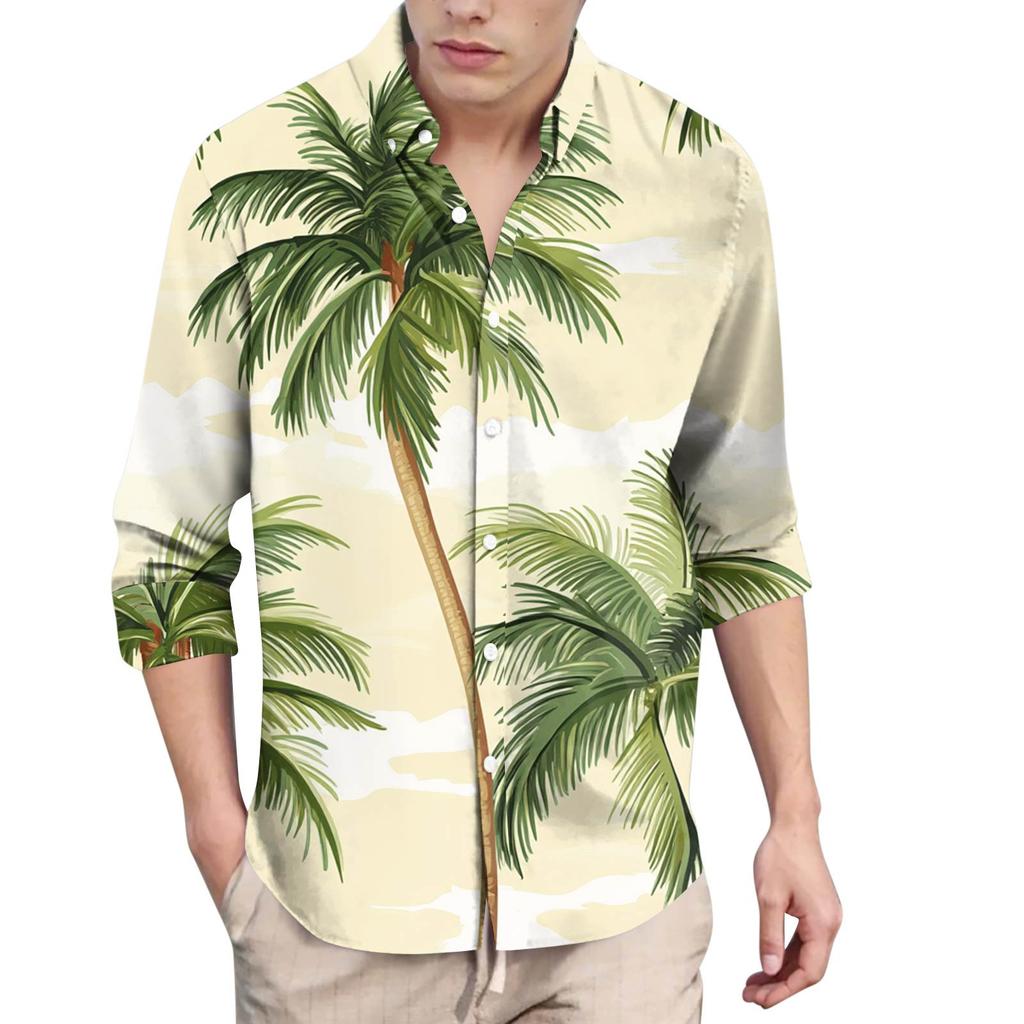 Men's Fashion Long Sleeve Printed Casual T Shirt Button Regular Fit Shirt Top