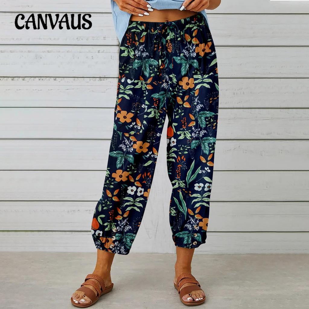 Summer Women's Pants Cotton Linen High Waist Drawstring Nine-quarter Pants Elastic Waist Bundle Foot Mouth Retro Print Pants