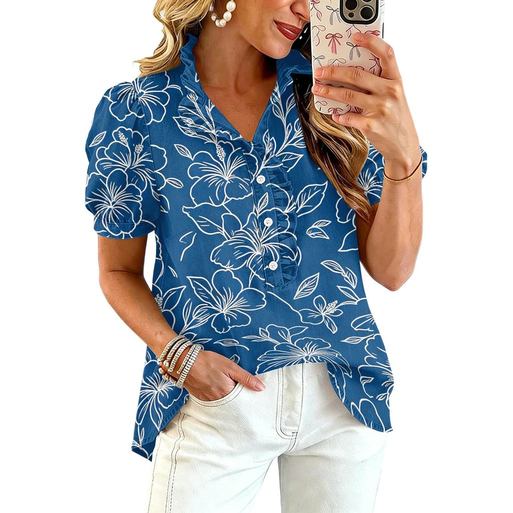 Women Ruffle V Neck Printed Blouse Short Sleeve Casual Loose Fit Top Button Down Lightweight Shirt