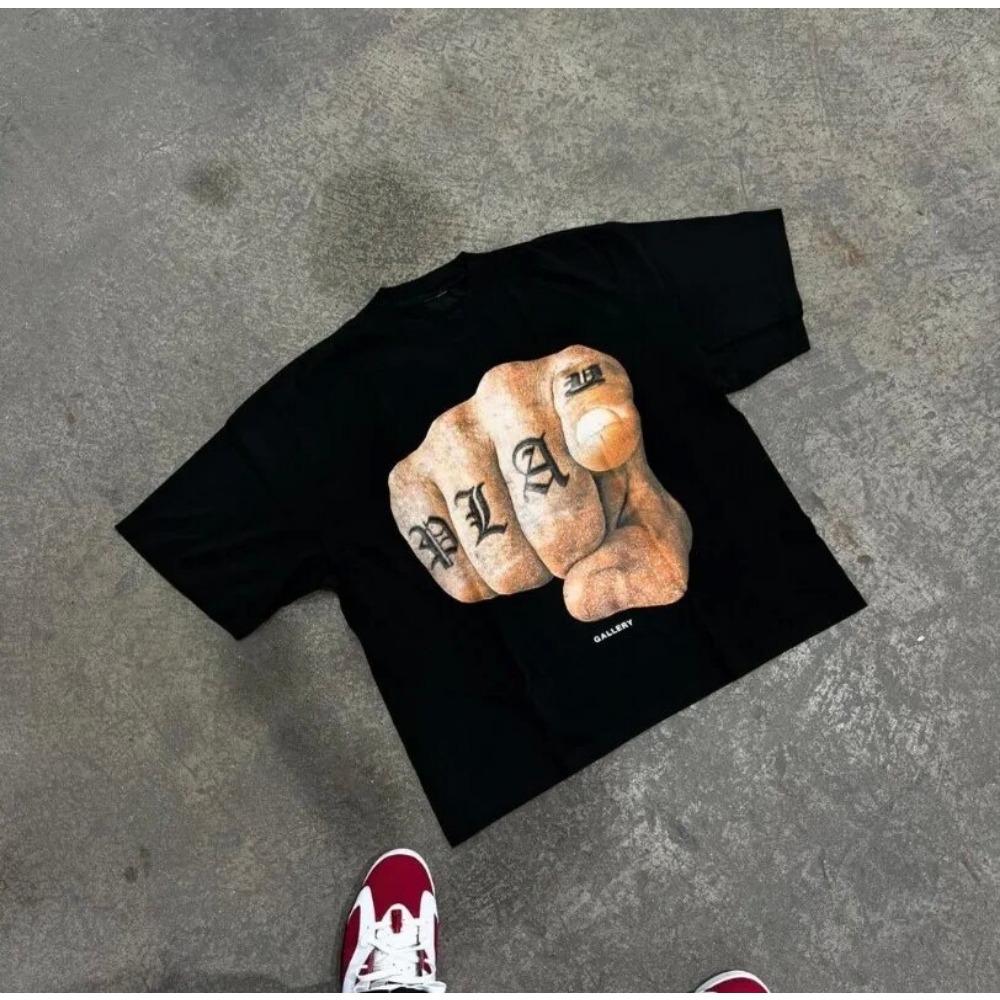 ZYLLO New European and American Character Cartoon Letter Printed T-shirt for Men Y2k Harajuku Casual Pure Cotton Loose Short Sleeve