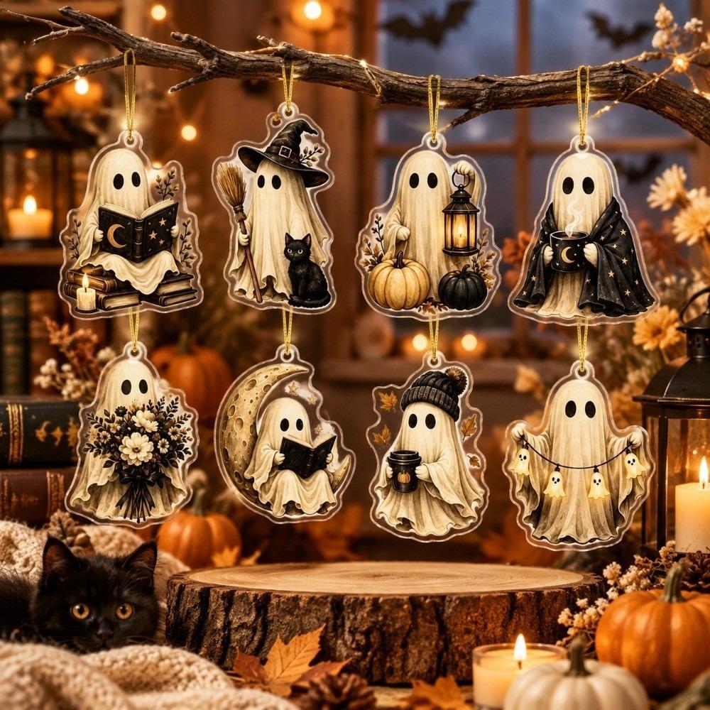 8pcs 2D Flat Acrylic Halloween Ghost Pendant Pumpkin Maple Leaf Halloween Decorations Cat Dark Style Ghost Hanging Ornaments