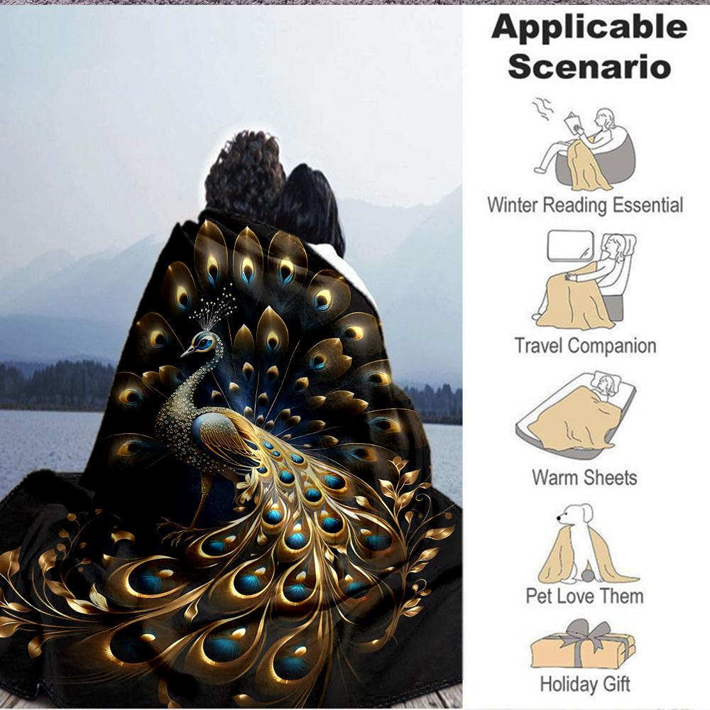1PC Golden Peacock Feather Blanket, Throw For Sofa, Bed, Travel, Camping, Livingroom, And Bed, Printing Blanket With Soft And Warm Fabric Yy250918154