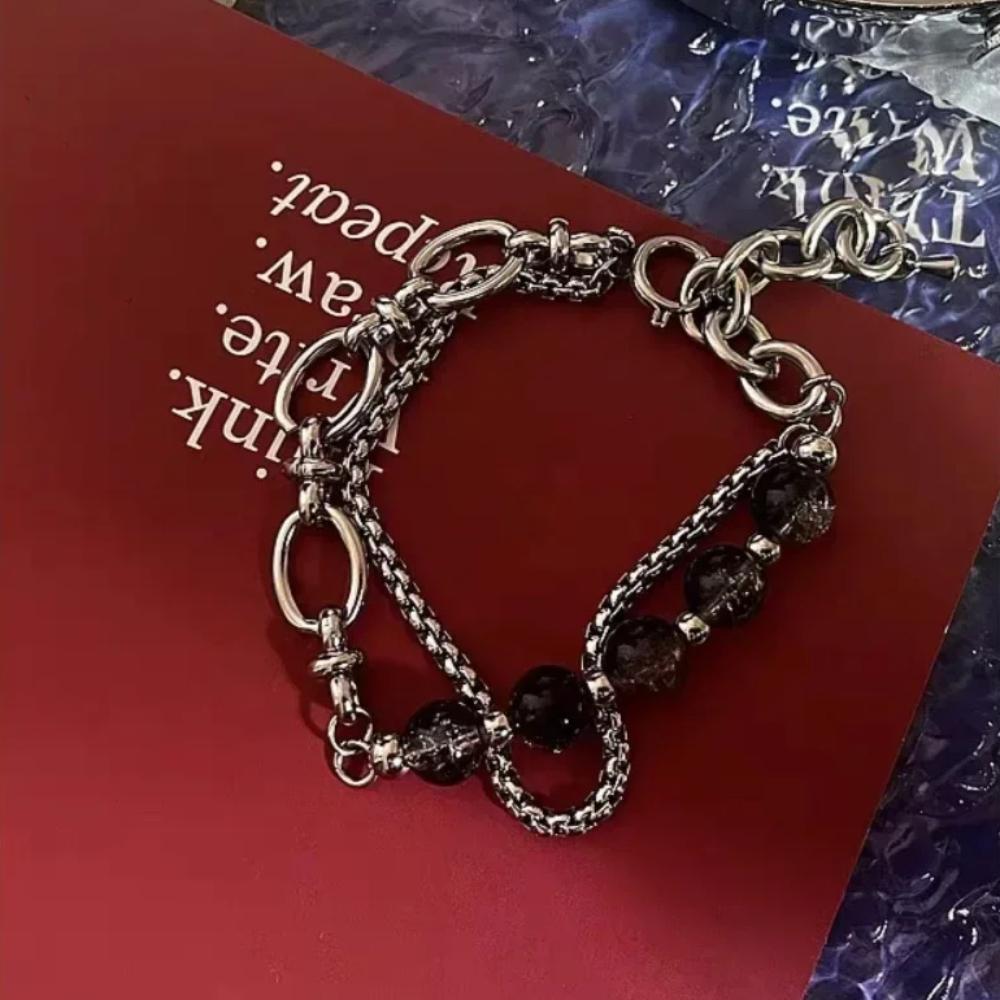 2024 Retro Black Cracking Beads Bracelet for Men Women Stainless Steel Double Layered Chain Fashion Hip-pop Jewelry Pulseras