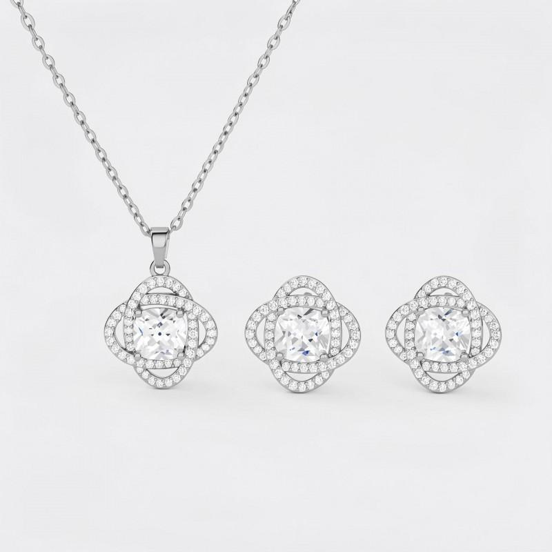 Jewelry Set Women Clover Design 16k Gold Plated Zircon Pendant Necklace Earrings Fashion