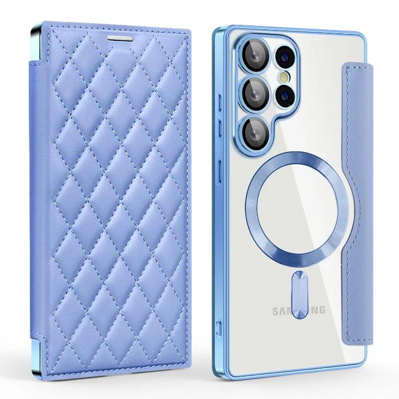Luxury PU Leather Electroplate Magnetic Card Holder Phone Case for S22 S24 Ultra S25 Plus FE Transparent Shockproof Back