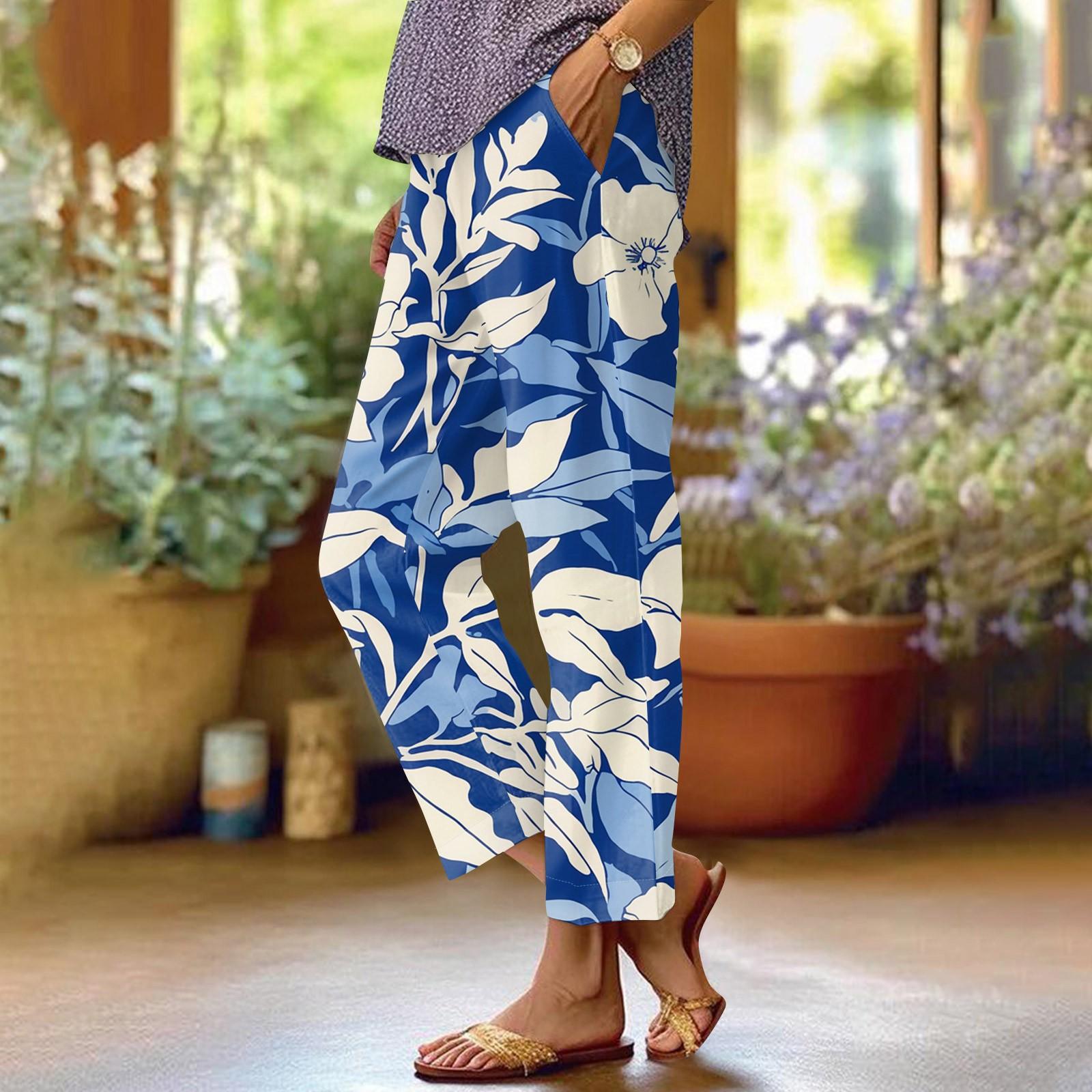 

Women s Fashionable Floral Print Straight Leg Pocket Elastic Waist Casual Pants Pants L синій