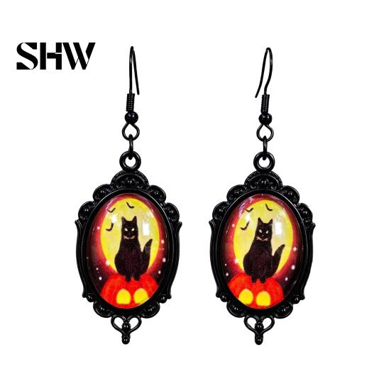 Versatile Dark Style Daily Wear Accessories 1 Pair Halloween Gothic Black Cat Earrings for Women, Vintage Jewelry with Skull Bat Patterns Punk Dangle