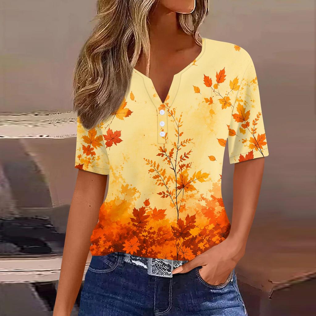 Damen Casual Kurzarm Hemdbluse mit Knopfleiste und Ahornblatt-Print