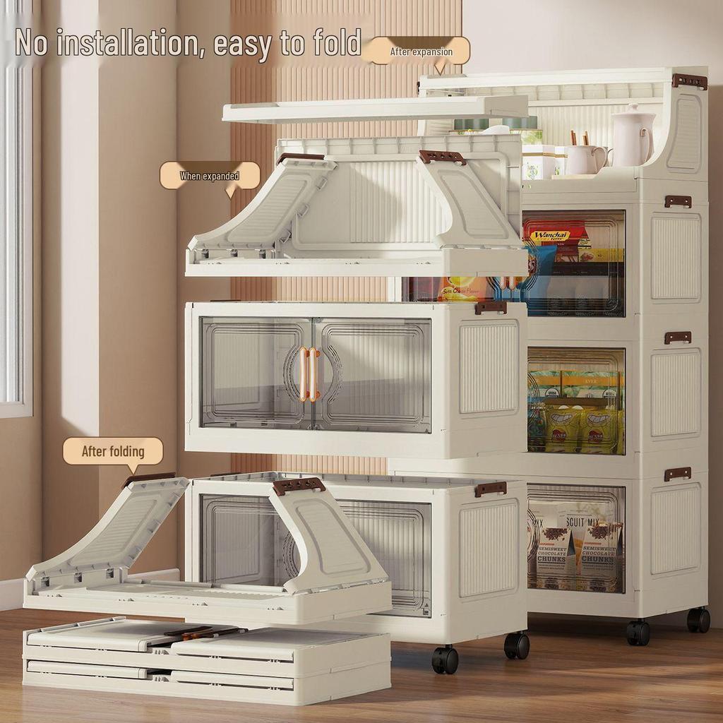 Multi-Layer Folding Bookcase with Wheels - Double Door, Moisture-Proof, Large Capacity, No Assembly Required.