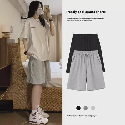 Shorts casuales grises de pernera ancha American Sports para mujer - Verano 2024, diseño moderno de cinco puntas y largo medio