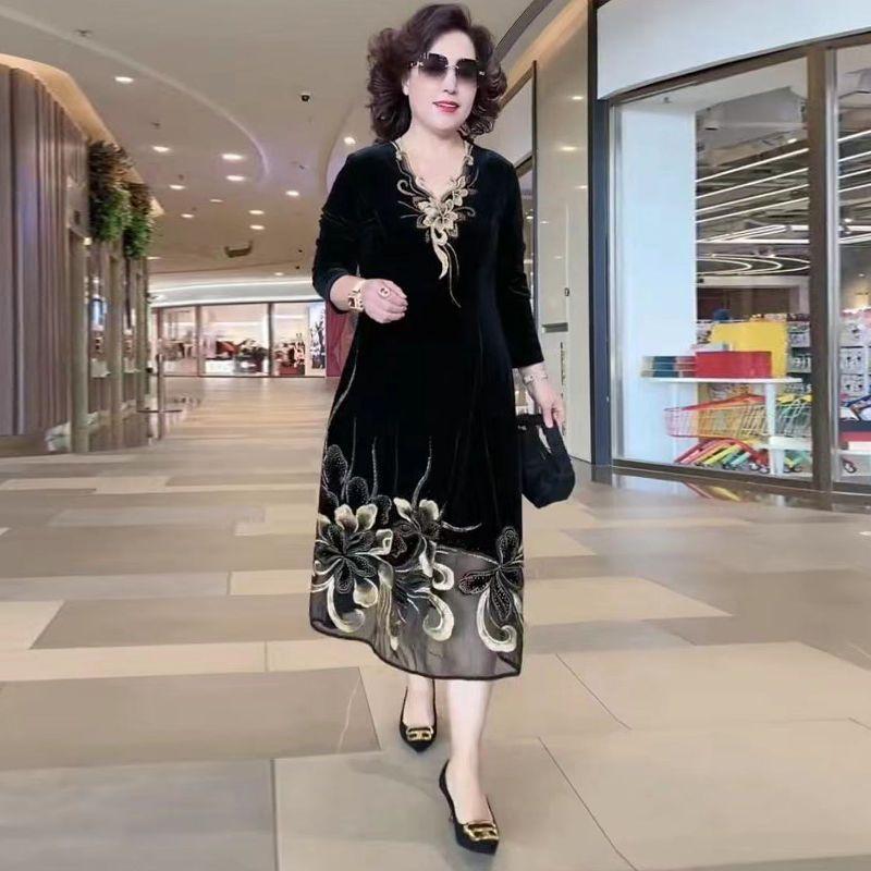 Spring Autumn Women's Plus Size Dress Embroidered Gold Velvet Dress High-end Dress Dress Loose V-neck Long Dress