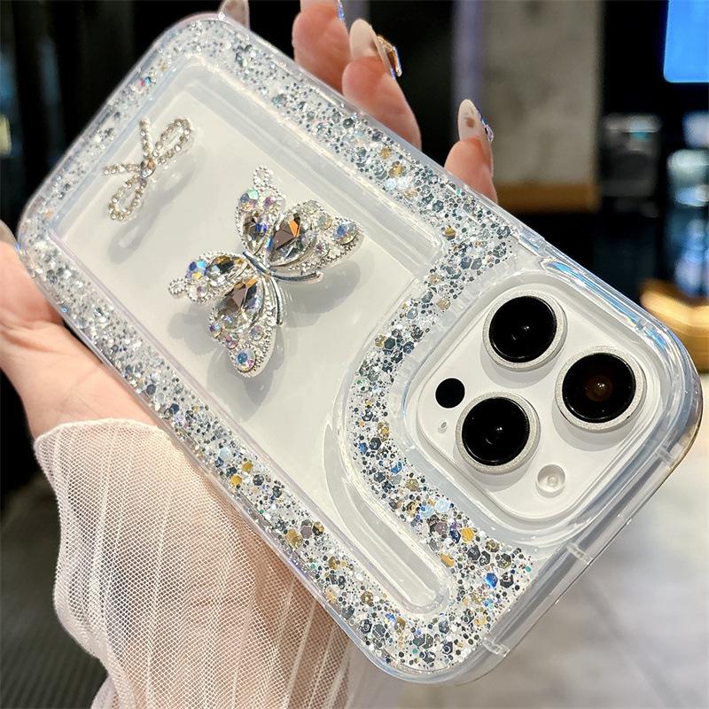 iPhone 16 Glitter Rhinestone Phone Case with Bow, Transparent Design Compatible with Apple Models 11-16.