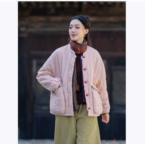 Winter Women's Vintage Linen Parkas Stand Long Sleeve Button Plus Cotton Warm Coat Solid Color Chinese Style Parkas