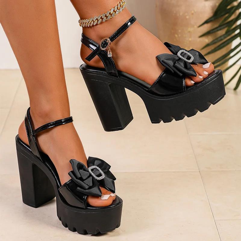Fashion Bowtie Super High Heels Sandals for Women Shiny Crystal Chunky Platform Sandals Ankle Buckle Thick Sole Square Heeled Shoes