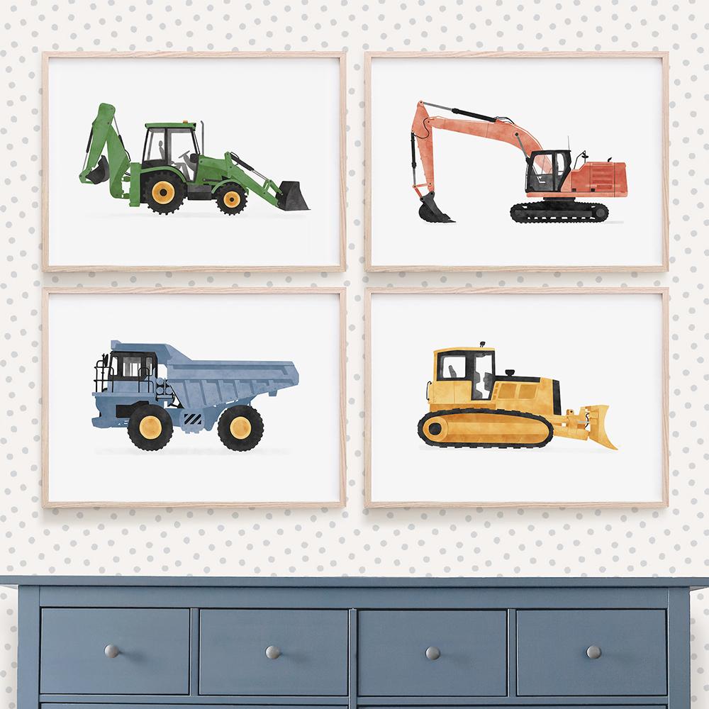 Construction Vehicles Watercolor Art Canvas Painting Kids Room Decor Dump Truck Digger Bulldozer Posters and Prints Boys Gift No Frame