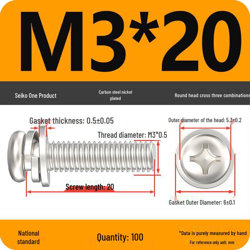 Nickel-Plated Phillips Pan Head Screw with Washer, M2-M6 Thread