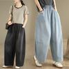 DIMANAF 2026 Summer New Plus Size Women Jeans Elastic Waist Long Pants Loose Casual Denim Blue Cotton Trousers