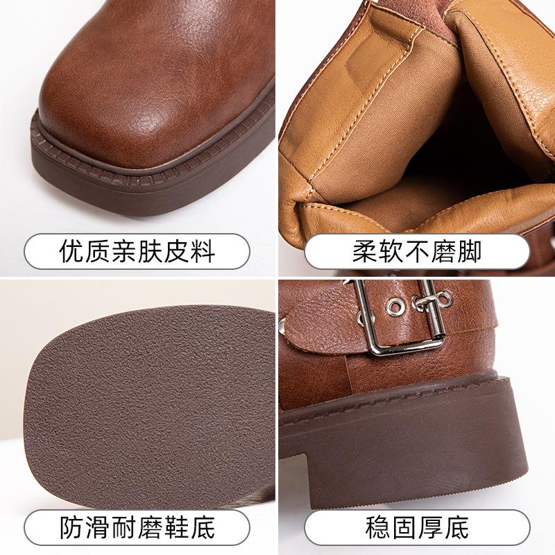 Leather Martin Boots Autumn and Winter New Flat-bottomed Retro Belt Buckle High Boots Western Cowboy Knight