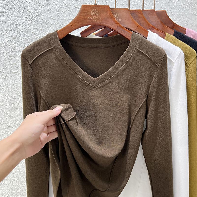 Front shoulder women's long-sleeved autumn new bottoming shirt design sense niche t-shirt white fishbone top women