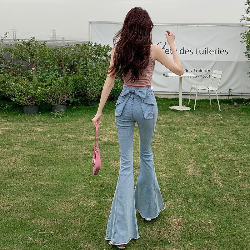 2025 Spring/Summer Women's High-Waist Flare Denim with 3D Bowknot - Slimming & Lifting
